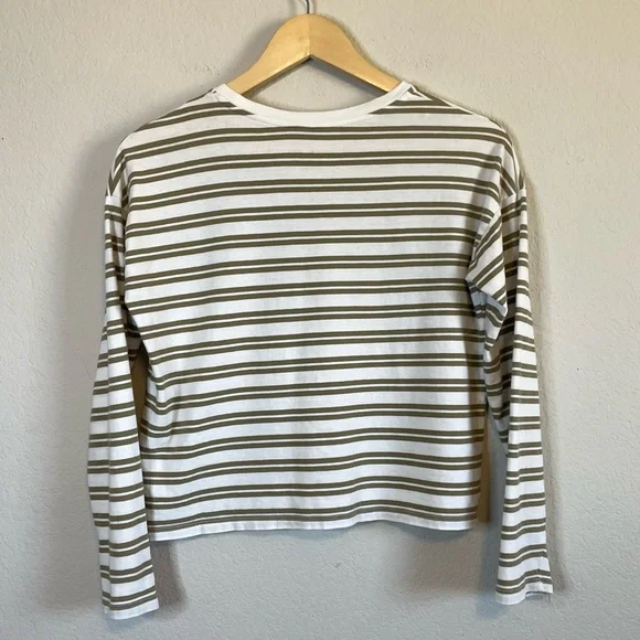 Everlane Long Sleeve Box Cut Pocket Tee Olive Green Tan Striped Shirt Size XS - Picture 6 of 10